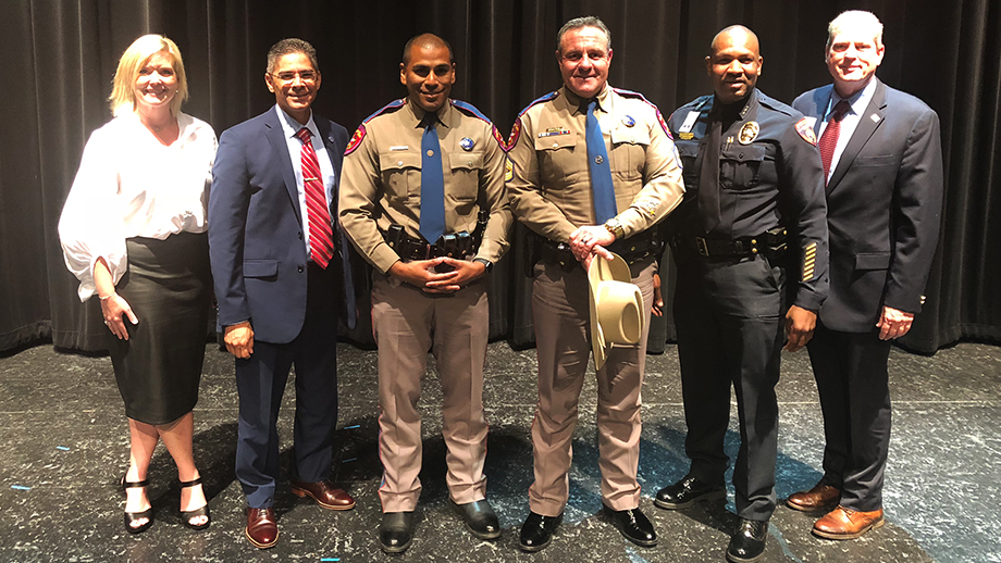 From Left: Dr. Florence Adkins, DPS Regional Director, Phillip Ayala, DPS Trooper Maurio Arce, DPS Sgt. Richard Adkins, Bastrop ISD Police Chief Jeffrey Yarbrough, Bastrop ISD Superintendent Barry Edwards bastrop isd